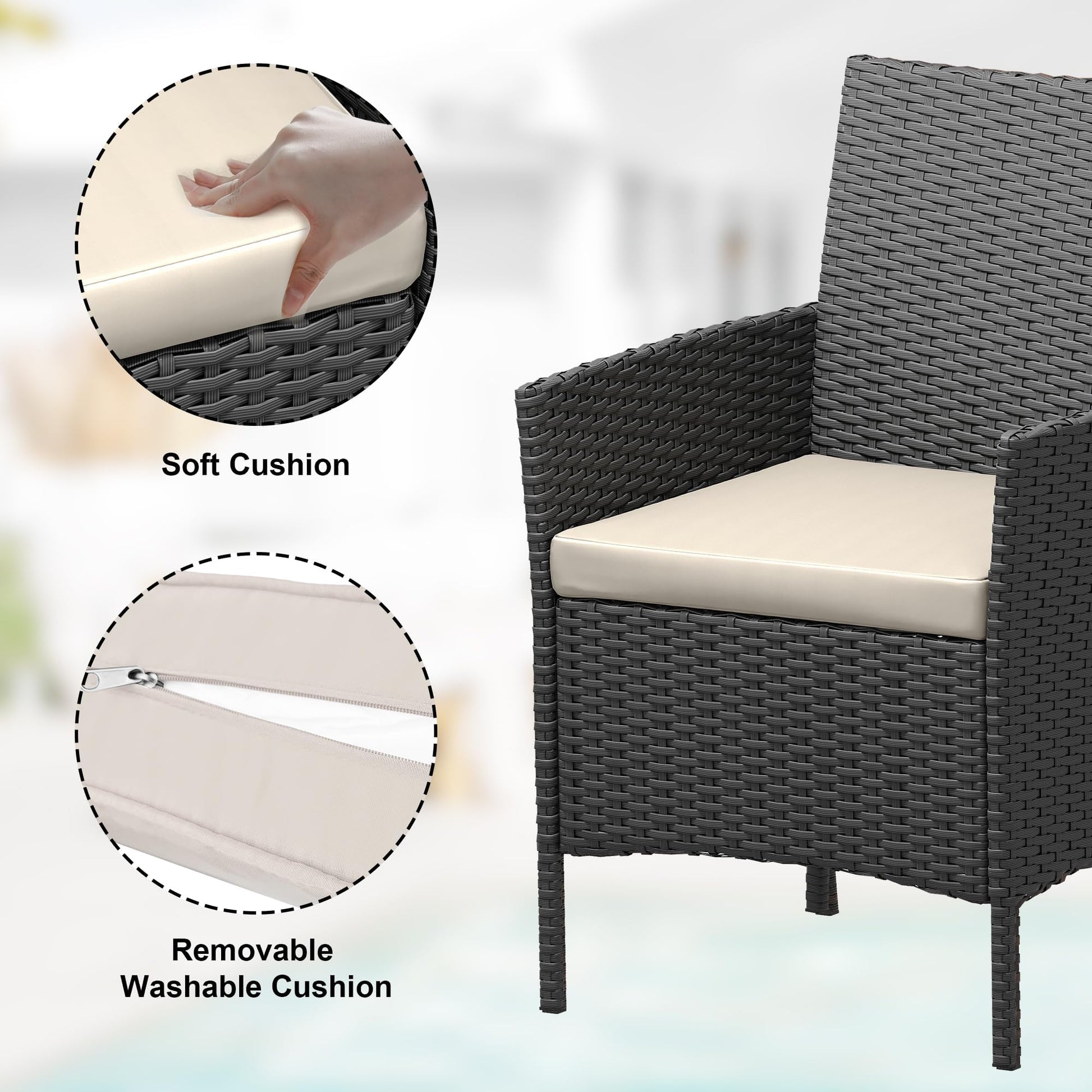 Garvee 3 Pieces Outdoor Patio Furniture Sets, Rattan Patio Table and Chairs Set with Soft Cushion and balck Table, Outdoor Furniture for Garden, Backyard, Porch, Poolside
