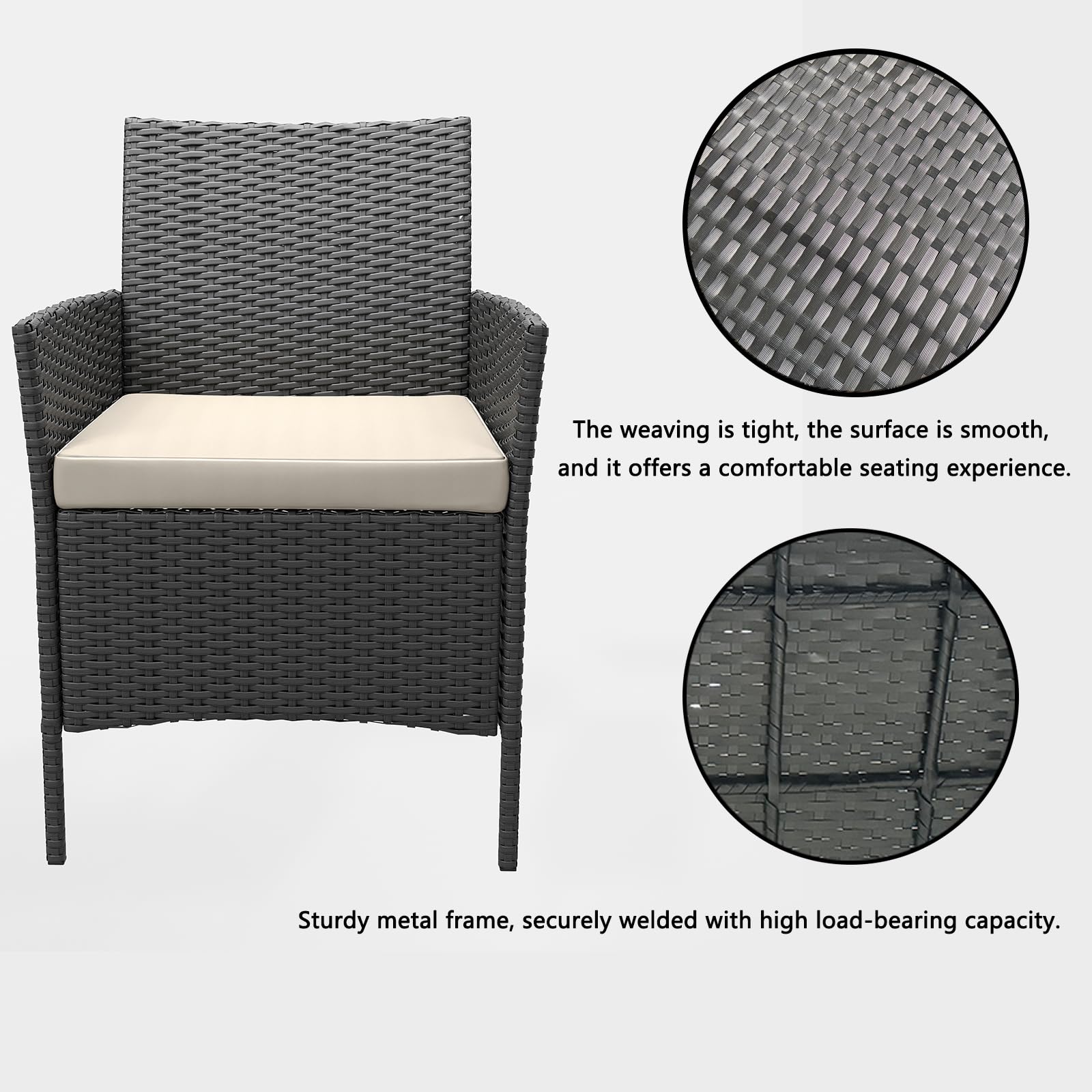 Garvee 3 Pieces Outdoor Patio Furniture Sets, Rattan Patio Table and Chairs Set with Soft Cushion and balck Table, Outdoor Furniture for Garden, Backyard, Porch, Poolside