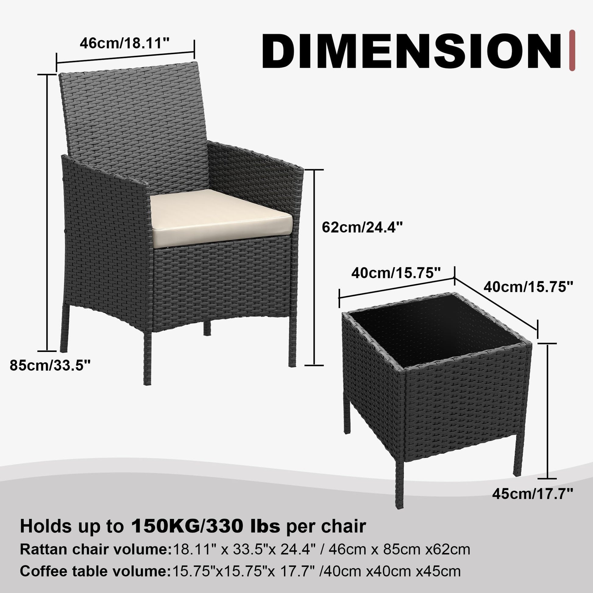 Garvee 3 Pieces Outdoor Patio Furniture Sets, Rattan Patio Table and Chairs Set with Soft Cushion and balck Table, Outdoor Furniture for Garden, Backyard, Porch, Poolside