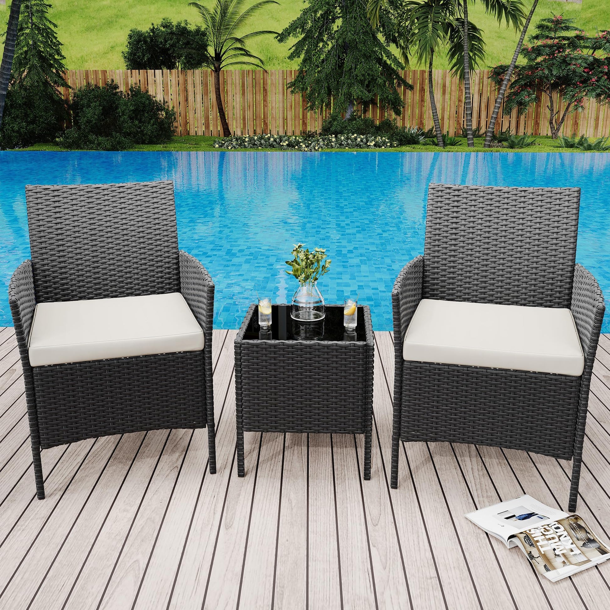 Garvee 3 Pieces Outdoor Patio Furniture Sets, Rattan Patio Table and Chairs Set with Soft Cushion and balck Table, Outdoor Furniture for Garden, Backyard, Porch, Poolside