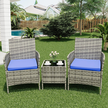 Garvee 3 Pieces Outdoor Patio Furniture Sets, Rattan Patio Table and Chairs Set with Soft Cushion and gray Table, Outdoor Furniture for Garden, Backyard, Porch, Poolside