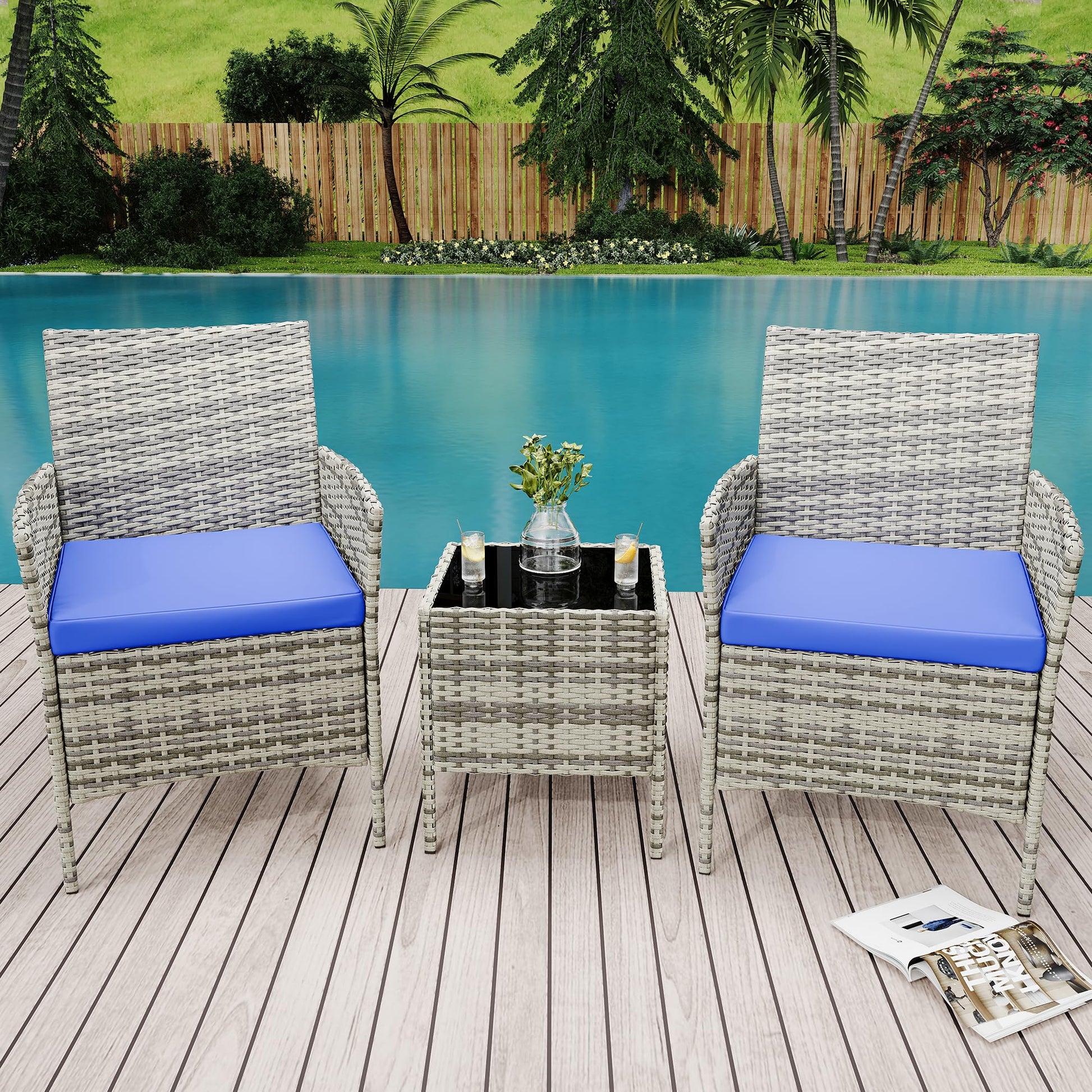 Garvee 3 Pieces Outdoor Patio Furniture Sets, Rattan Patio Table and Chairs Set with Soft Cushion and gray Table, Outdoor Furniture for Garden, Backyard, Porch, Poolside