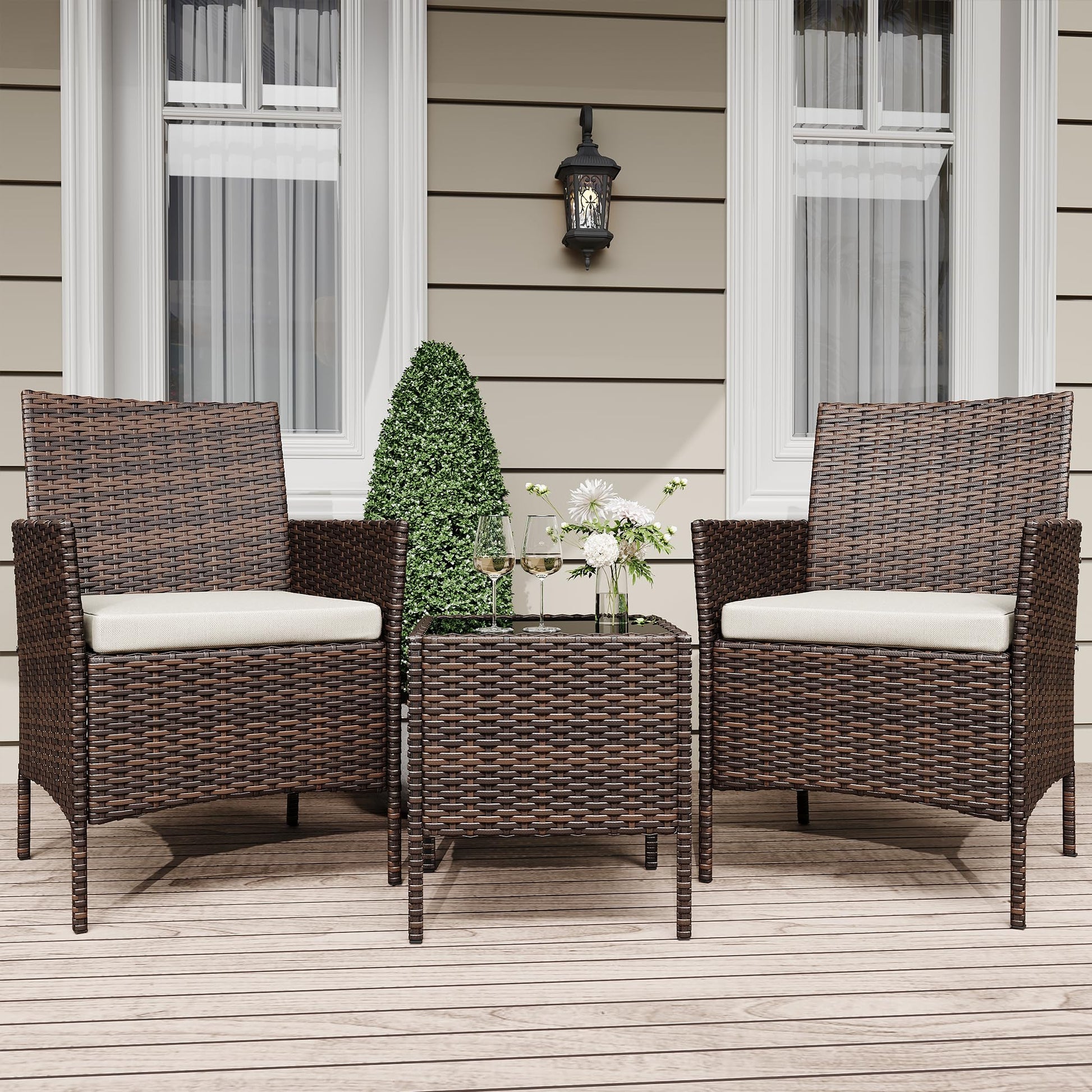 Garvee 3 Pieces Outdoor Patio Furniture Sets, Rattan Patio Table and Chairs Set with Soft Cushion and Brown Table, Outdoor Furniture for Garden, Backyard, Porch, Poolside