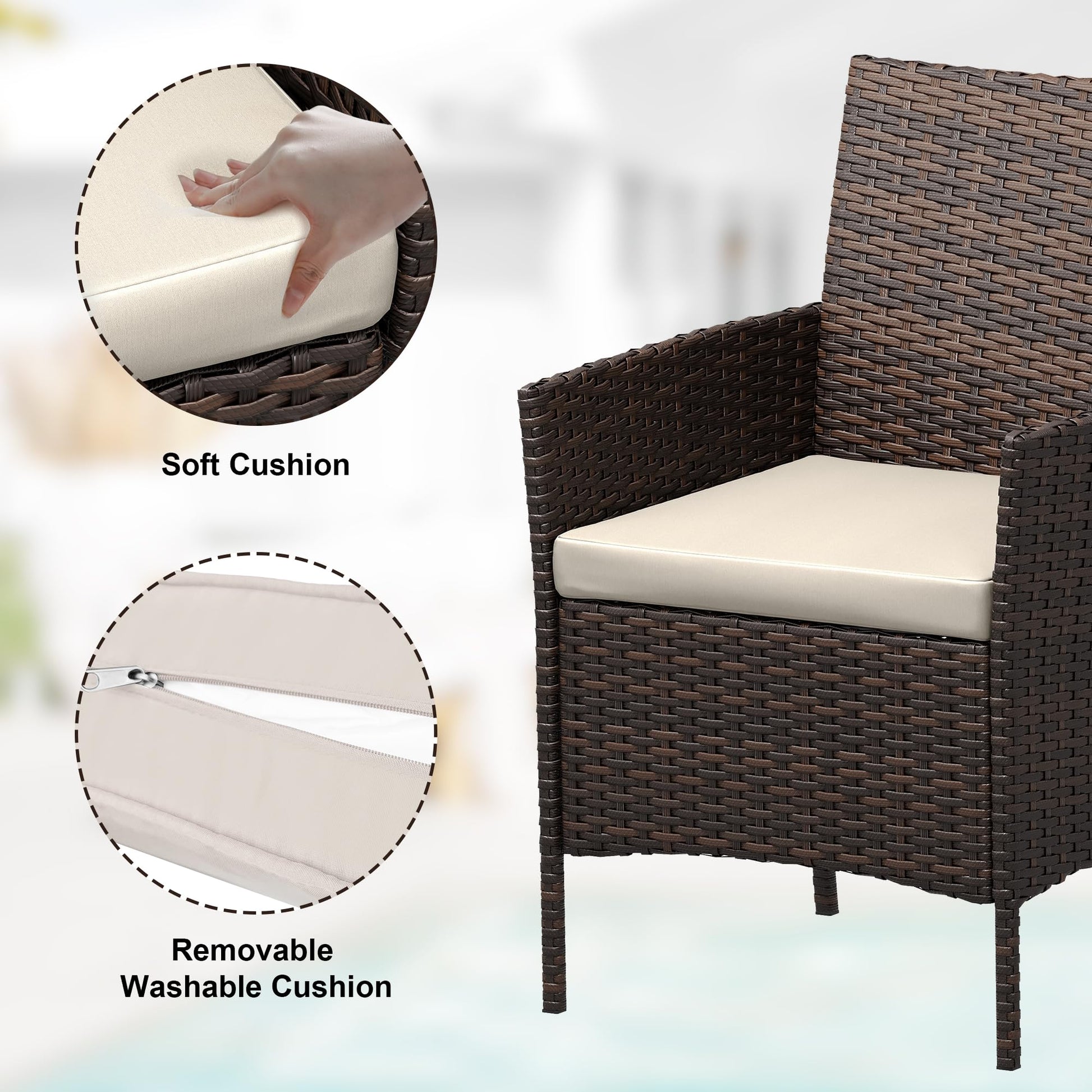 Garvee 3 Pieces Outdoor Patio Furniture Sets, Rattan Patio Table and Chairs Set with Soft Cushion and Brown Table, Outdoor Furniture for Garden, Backyard, Porch, Poolside