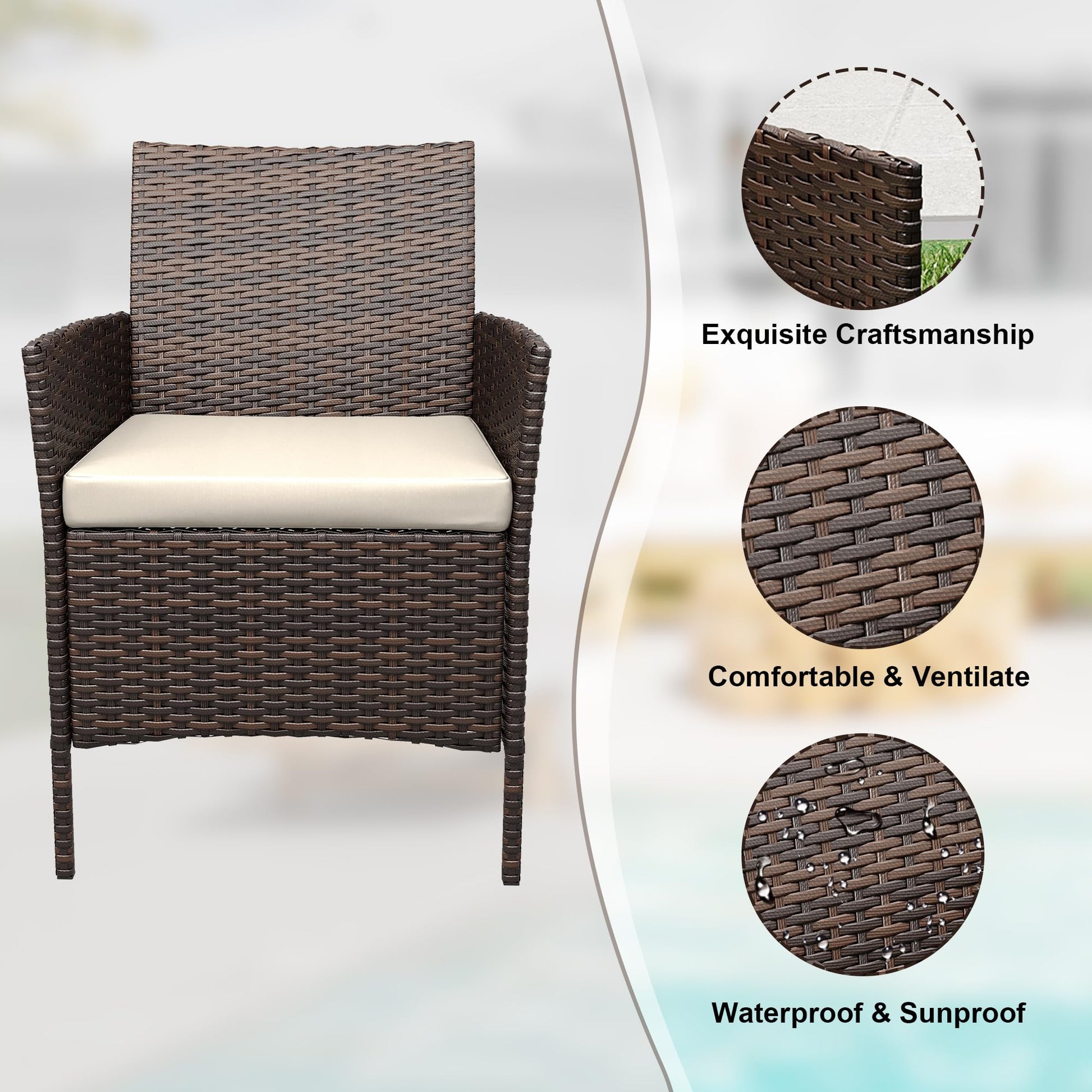 Garvee 3 Pieces Outdoor Patio Furniture Sets, Rattan Patio Table and Chairs Set with Soft Cushion and Brown Table, Outdoor Furniture for Garden, Backyard, Porch, Poolside