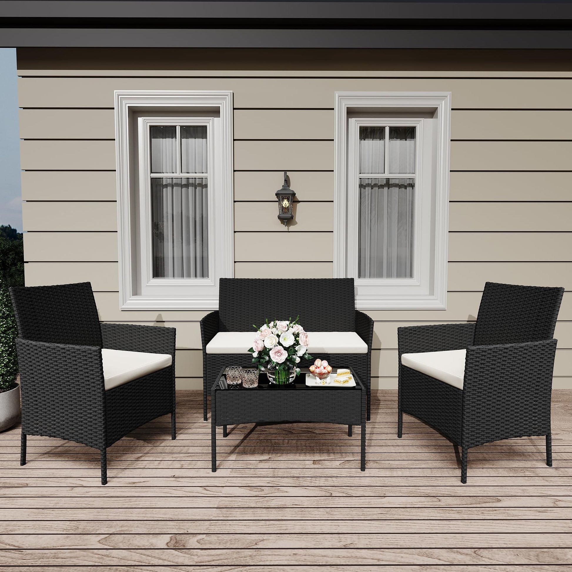 Garvee 4-Piece Rattan Patio Conversation Set with Cushioned Seating & Coffee Table, Black/Cream White