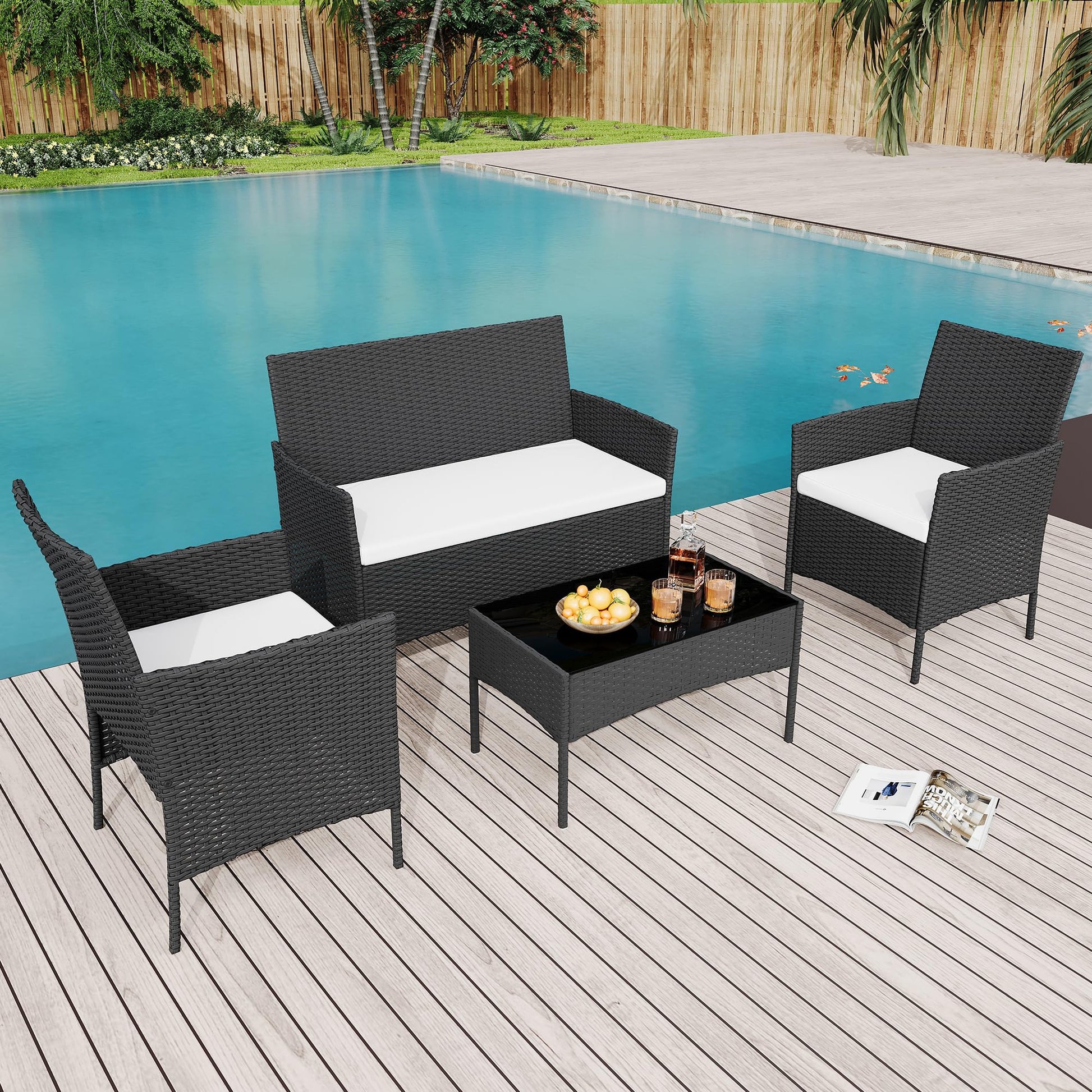 Garvee 4-Piece Rattan Patio Conversation Set with Cushioned Seating & Coffee Table, Black/Cream White