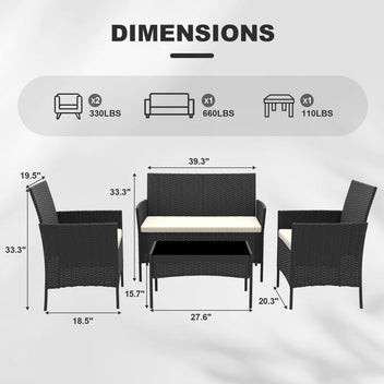 Garvee 4-Piece Rattan Patio Conversation Set, Black Wicker Outdoor Sofa Set with Cream Cushions & Glass Table