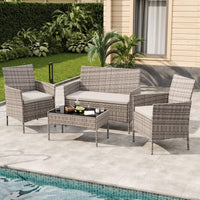 Garvee 4-Piece Rattan Patio Conversation Set, Gray Wicker Outdoor Sofa Set with Light Gray Cushions & Glass Table