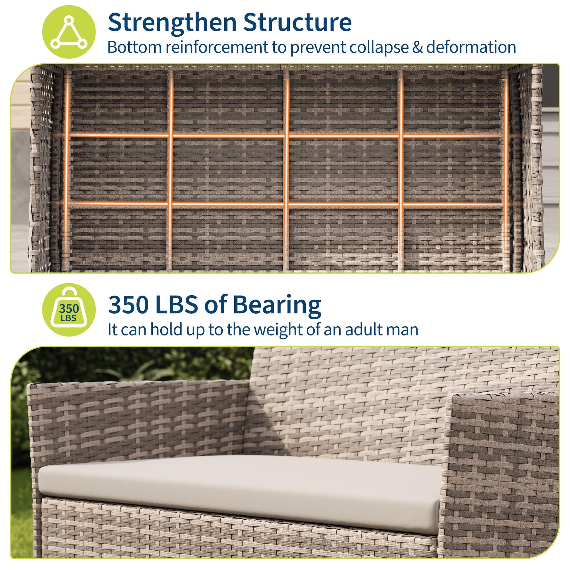 Garvee 4-Piece Rattan Patio Conversation Set, Gray Wicker Outdoor Sofa Set with Light Gray Cushions & Glass Table