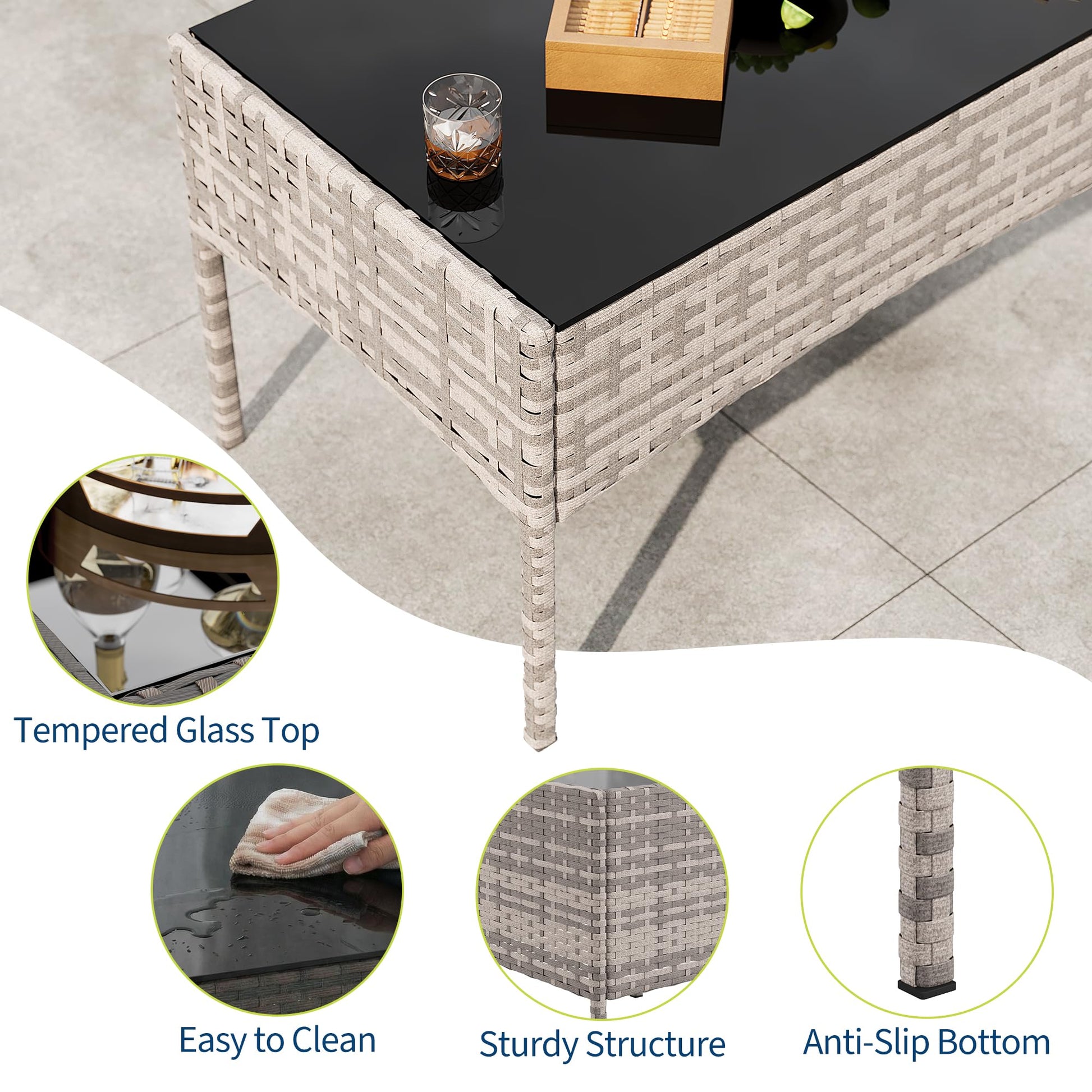 Garvee 4-Piece Rattan Patio Conversation Set, Gray Wicker Outdoor Sofa Set with Light Gray Cushions & Glass Table
