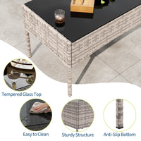 Garvee 4-Piece Rattan Patio Conversation Set, Gray Wicker Outdoor Sofa Set with Light Gray Cushions & Glass Table