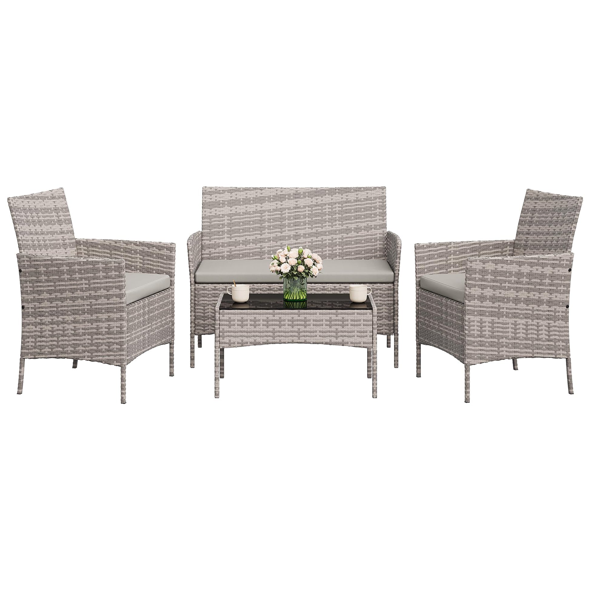 Garvee 4-Piece Rattan Patio Conversation Set, Gray Wicker Outdoor Sofa Set with Light Gray Cushions & Glass Table