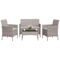 Garvee 4-Piece Rattan Patio Conversation Set, Gray Wicker Outdoor Sofa Set with Light Gray Cushions & Glass Table