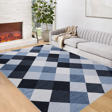 Garvee Geometric Navy & White Checkered 8x10 Runner Rug, Non Slip Washable Carpet for Hallway, Entryway, Laundry Room Indoor