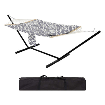 Garvee Freestanding Double Hammock with Steel Stand, 450 lbs Capacity, Soft Pillow & Carry Bag for Backyard Camping, Gray Geometric