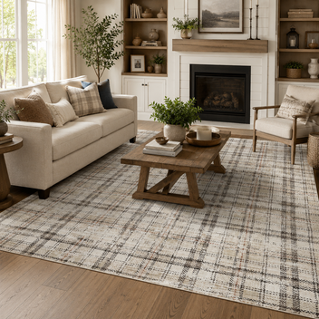 Garvee 8' x 10' Distressed Plaid Area Rug, Washable Non-Slip Low-Pile Soft Carpet, Stain-Resistant Neutral Rug for Living Room, Bedroom, Dining Room, Office & Nursery, Beige