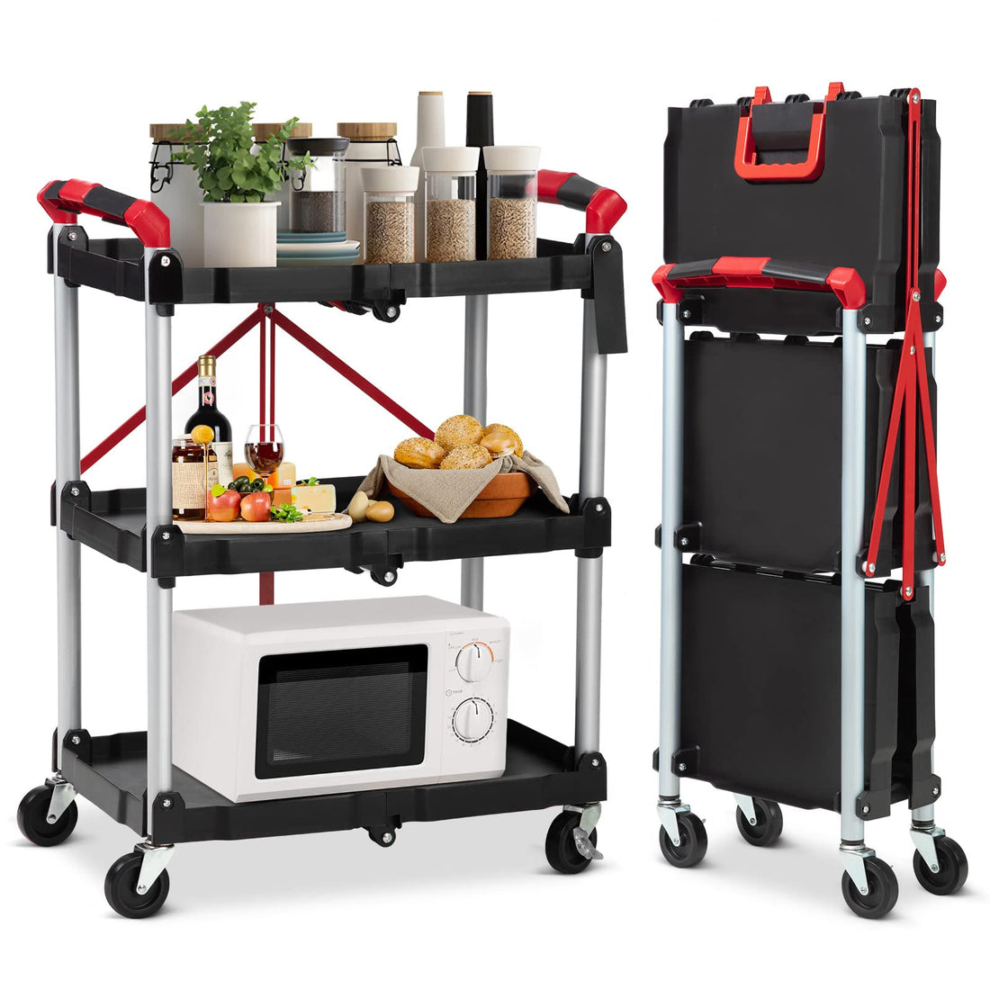 GARVEE 3 Tier Mobile Folding Trolley 56 lbs Load Capacity/Tier Portable Service Cart Collapsible Utility Cart for Office Warehouse and Home