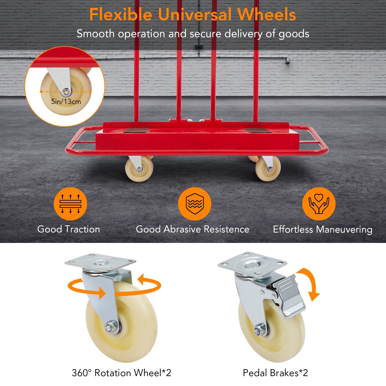 1600Lbs Heavy Duty Drywall Cart, Swivel Casters, Red