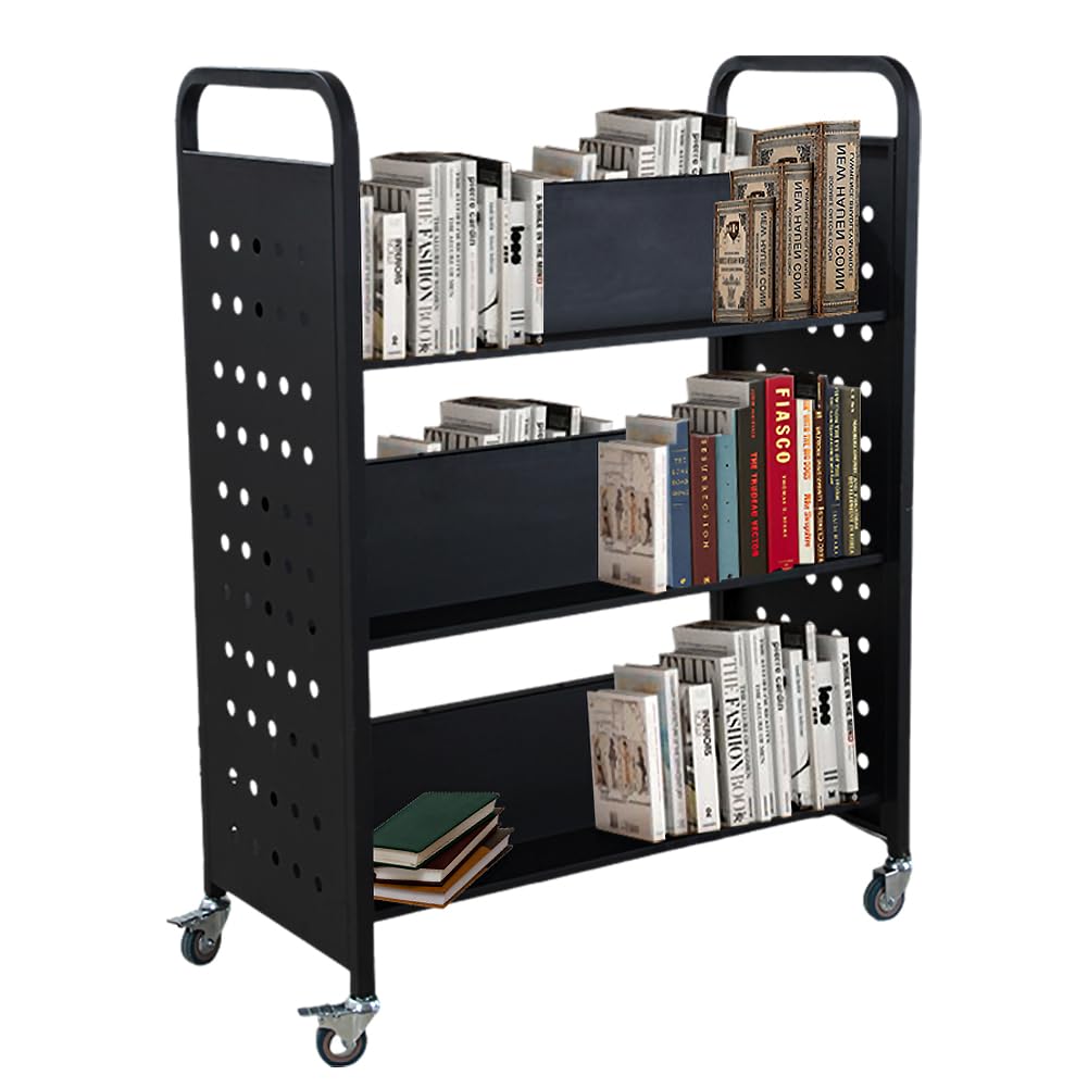 Book Cart 200LBS Library Cart Rolling Book Cart with 4 Inch Lockable Wheels for Libraries