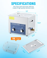 10.5qt, 10L 40kHz Ultrasonic Cleaner with Timer&Heater for Tools