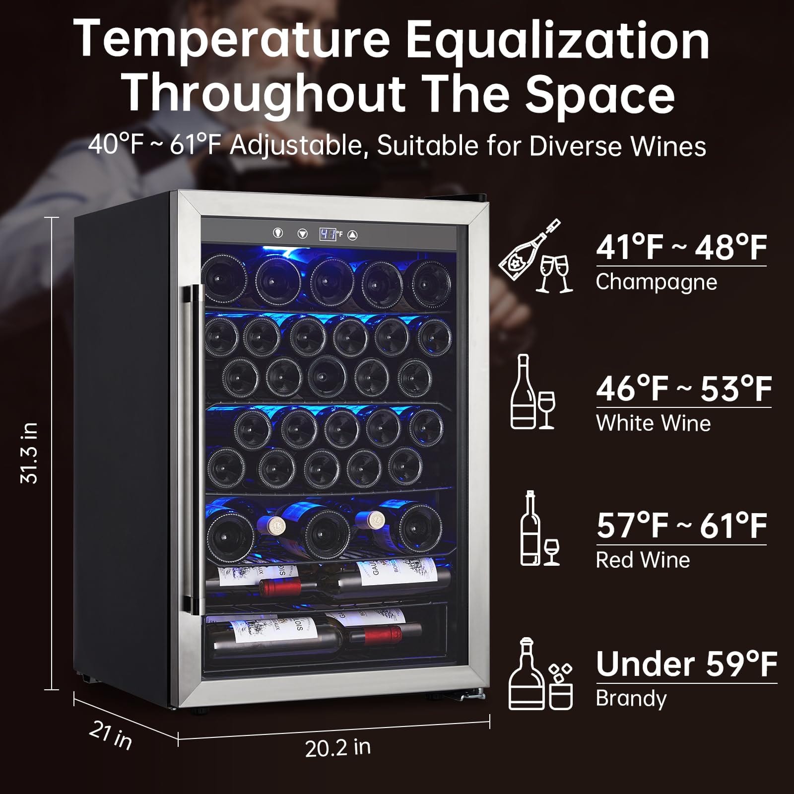 7-Level Temp Adjustable Wine Fridge 40~61°F, Ideal for Collector