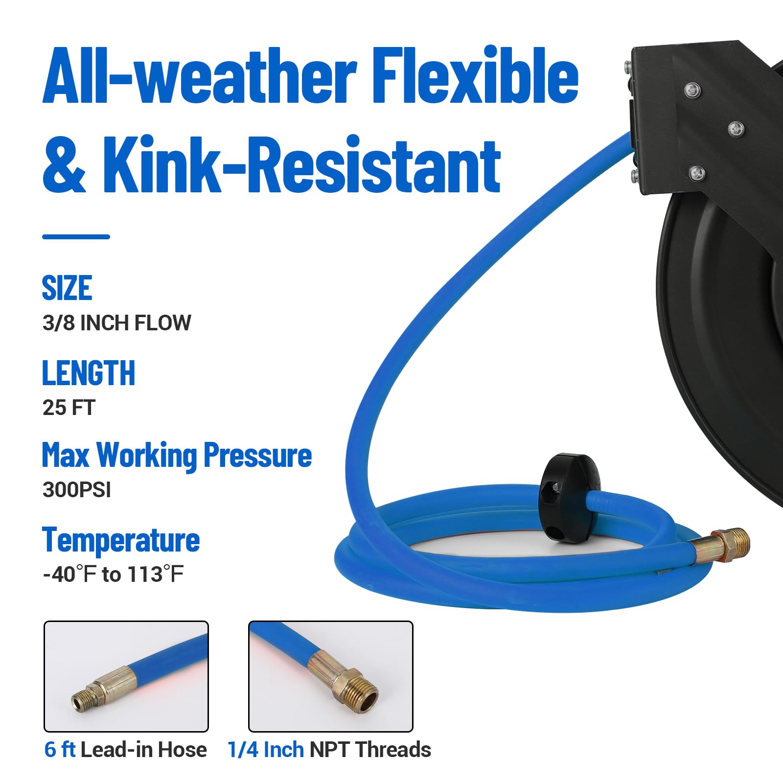 Garvee Retractable Air Hose Reel 3/8"x25ft Hybrid Hose Auto Rewind 180° Mount Steel Workshop Garage