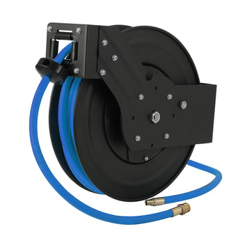 Garvee Enclosed Retractable Air Hose Reel 3/8in x 50Ft Hybrid Hose Auto-Lock Design Metal 180° Swivel Bracket Quick Coupler Workshop Use