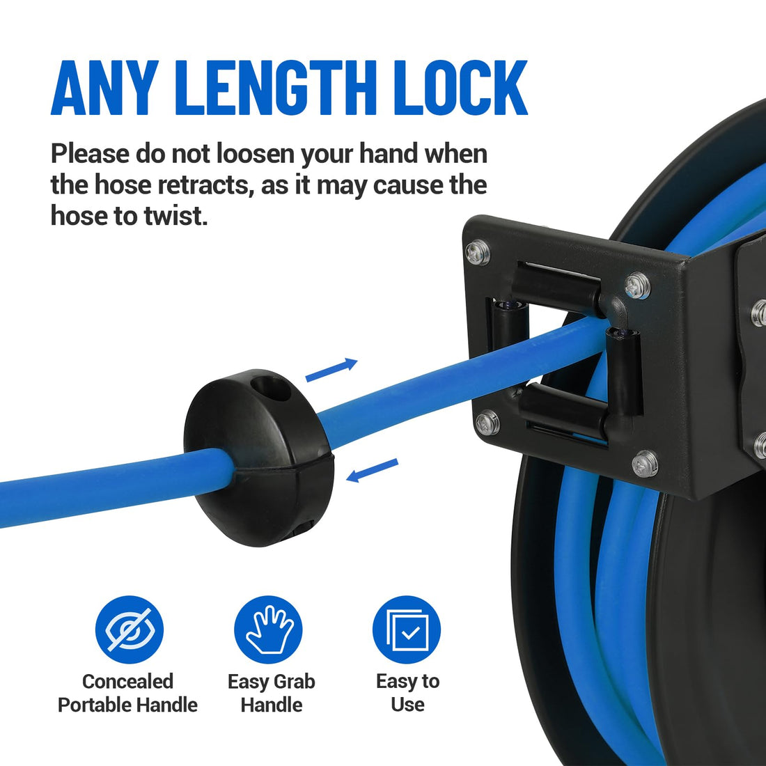 Garvee Enclosed Retractable Air Hose Reel 3/8in x 50Ft Hybrid Hose Auto-Lock Design Metal 180° Swivel Bracket Quick Coupler Workshop Use