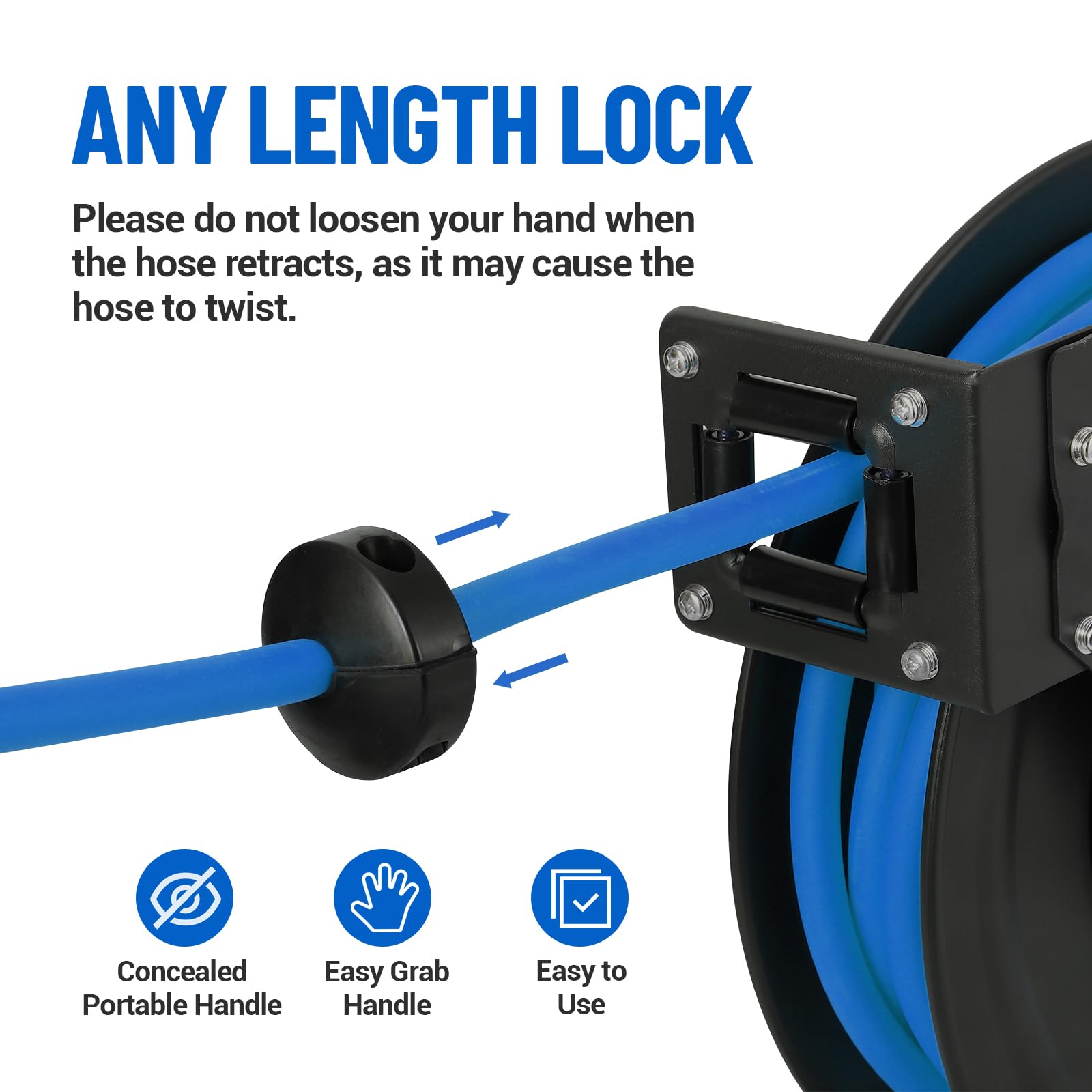 Garvee Enclosed Retractable Air Hose Reel 3/8in x 50Ft Hybrid Hose Auto-Lock Design Metal 180° Swivel Bracket Quick Coupler Workshop Use