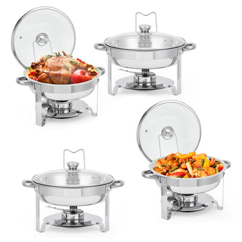 Garvee Chafing Dishes Buffet Set of 4, 5 QT Stainless Steel Round Servers with Glass Lid, Holder & Drip Tray for Catering Parties Wedding Banquet, Silver