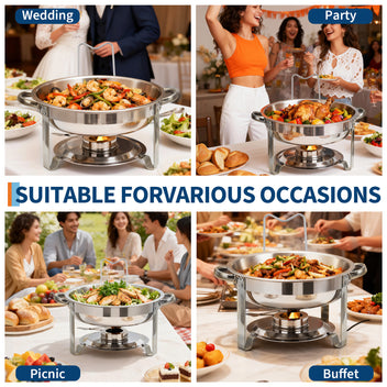 Garvee Chafing Dishes Buffet Set of 4, 5 QT Stainless Steel Round Servers with Glass Lid, Holder & Drip Tray for Catering Parties Wedding Banquet, Silver