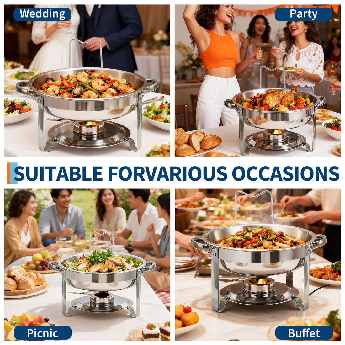 Garvee 6-Pack Chafing Dishes Buffet Set, 5 QT Stainless Steel Round Servers with Glass Lids, Holders & Drip Trays for Catering, Parties, Weddings & Banquets, Silver