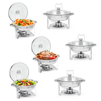 Garvee 6-Pack Chafing Dishes Buffet Set, 5 QT Stainless Steel Round Servers with Glass Lids, Holders & Drip Trays for Catering, Parties, Weddings & Banquets, Silver