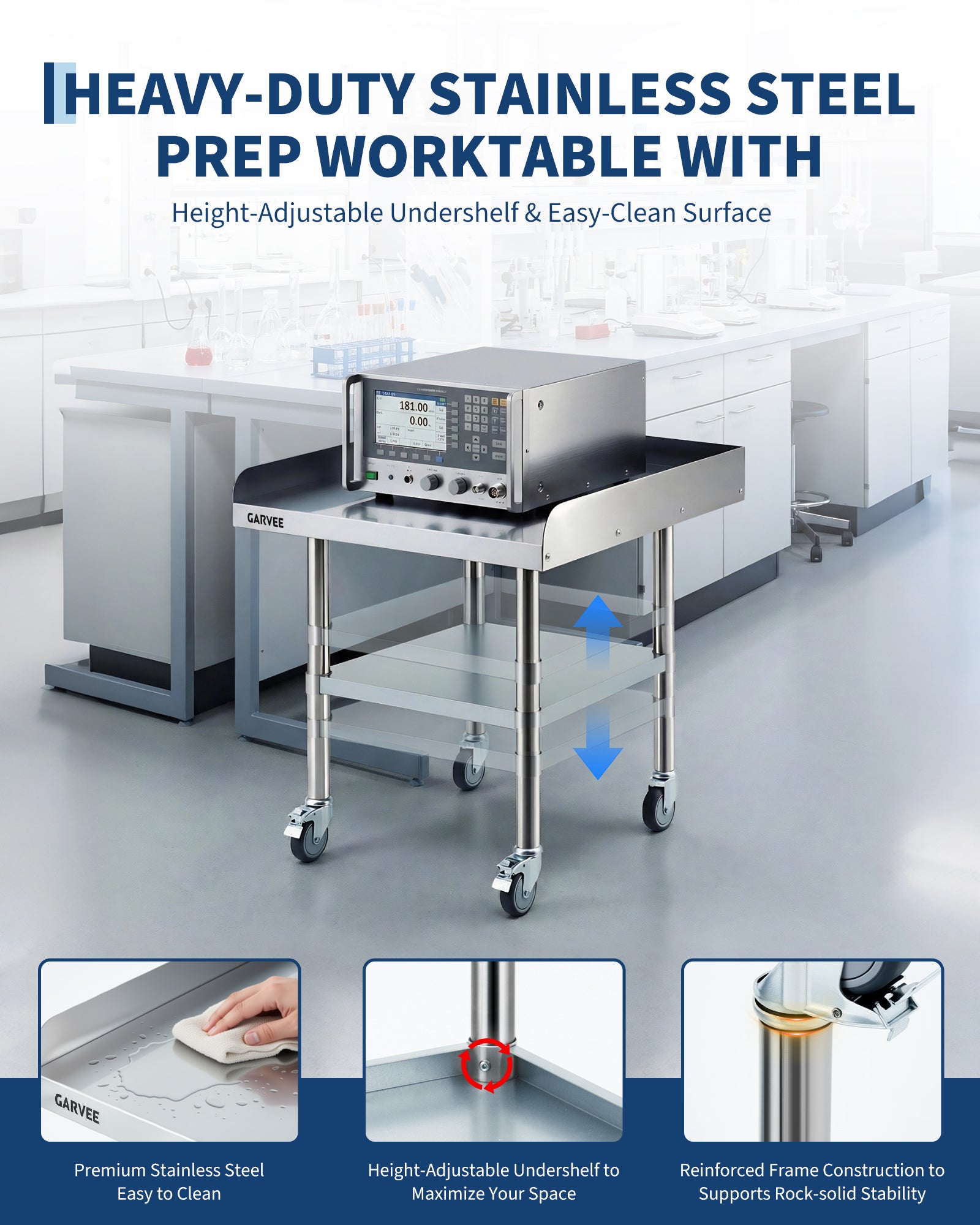 Garvee Heavy Duty Stainless Steel Commercial Work Table - 24x36 Inch - Mobile Prep Station with 3-Sided Removable Backsplash, Adjustable Undershelf, Locking Wheels, 440lbs Capacity - Ideal for Restaurant, Kitchen, Garage, Bakery (24x36 inches)