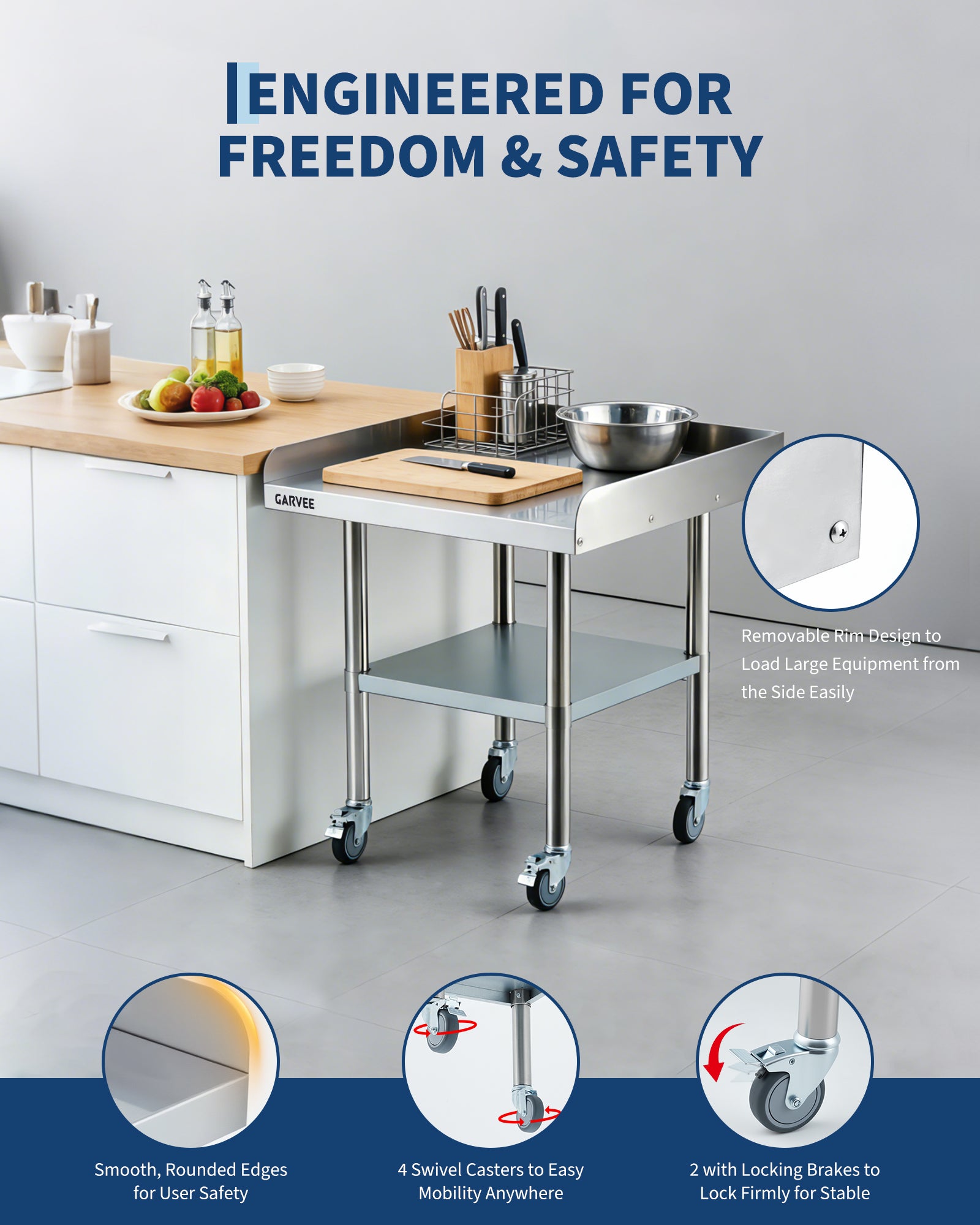 Garvee Heavy Duty Stainless Steel Commercial Work Table - 24x36 Inch - Mobile Prep Station with 3-Sided Removable Backsplash, Adjustable Undershelf, Locking Wheels, 440lbs Capacity - Ideal for Restaurant, Kitchen, Garage, Bakery (24x36 inches)