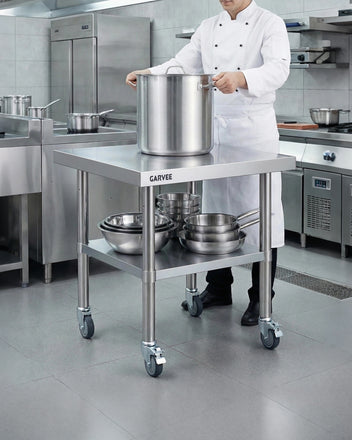 Garvee Heavy Duty Stainless Steel Commercial Work Table - 24x36 Inch - Mobile Prep Station with 3-Sided Removable Backsplash, Adjustable Undershelf, Locking Wheels, 440lbs Capacity - Ideal for Restaurant, Kitchen, Garage, Bakery (24x36 inches)