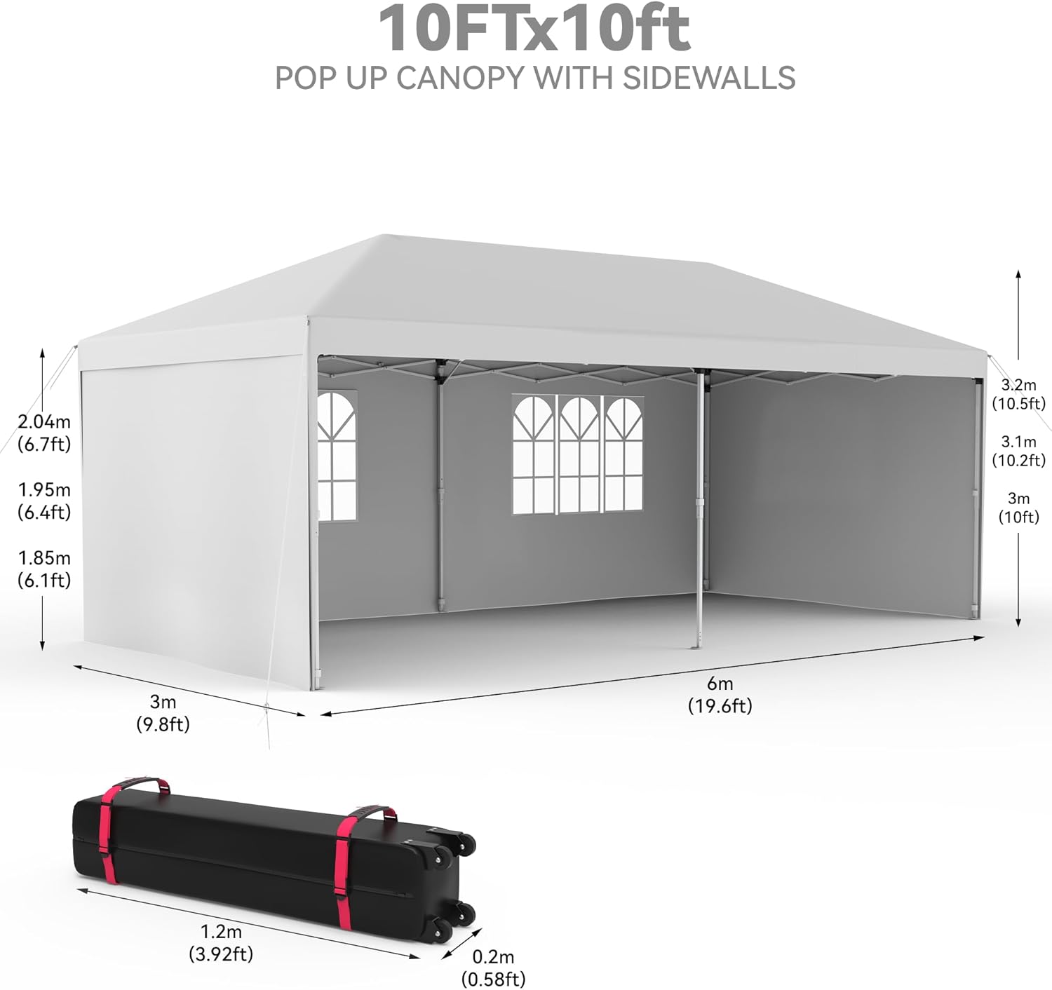 Garvee Graveelife 10x20 Pop Up Canopy Tent, Portable Outdoor Canopy with 4 Sidewalls, Wheeled Bag, Easy Set-Up Waterproof Outdoor Party Gazebo, Instant Tent for Wedding Backyard Garden Event