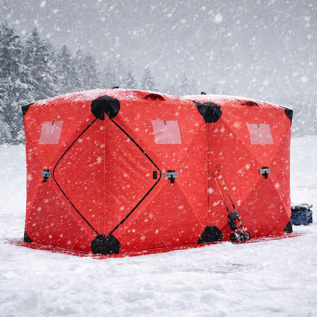ice fishing tents Garvee 6 Person Ice Fishing Insulated Tent, Large Pop Up Portable Hub-Style Ice Fishing Shelter 68 Square Feet of Fishable Area