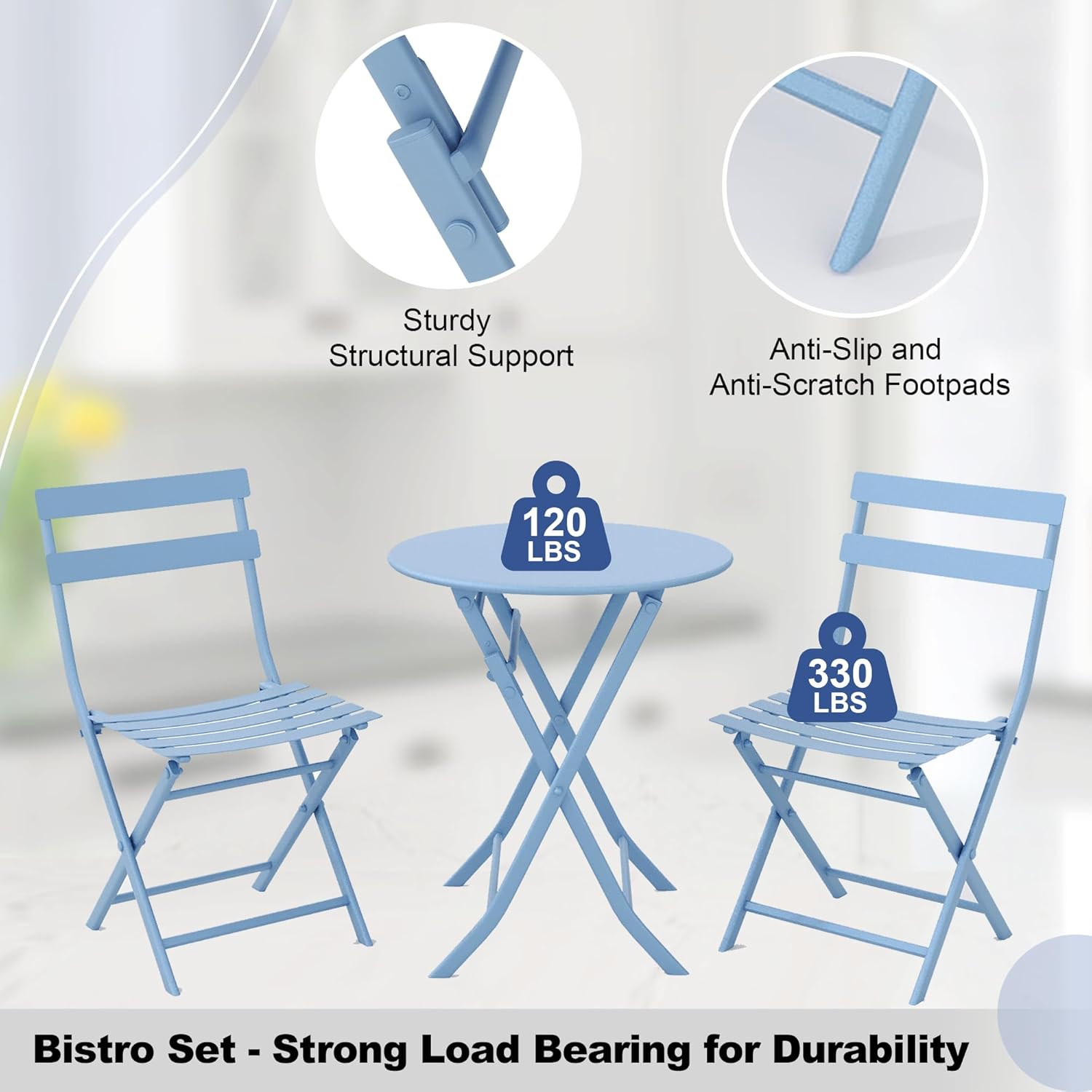 Garvee Outdoor 3 Pieces Patio Bistro Set, Waterproof Folding Coffee Table and Chairs Sets, Blue