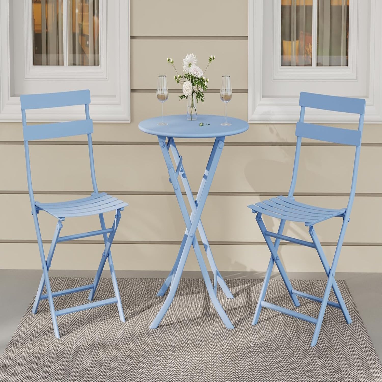 Garvee Outdoor 3 Pieces Patio Bistro Set, Waterproof Folding Coffee Table and Chairs Sets, Blue