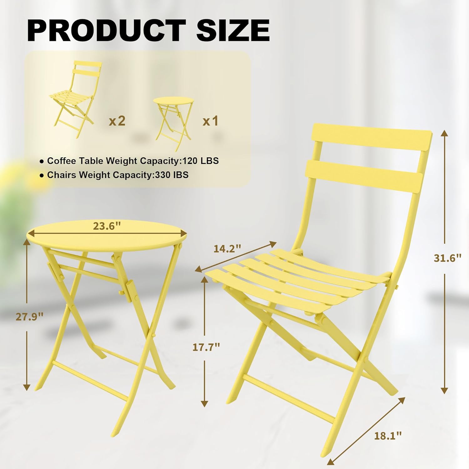 Garvee Outdoor 3 Pieces Patio Bistro Set, Waterproof Folding Coffee Table and Chairs Sets, Yellow