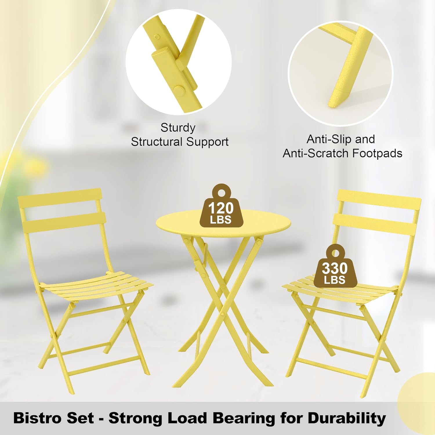 Garvee Outdoor 3 Pieces Patio Bistro Set, Waterproof Folding Coffee Table and Chairs Sets, Yellow