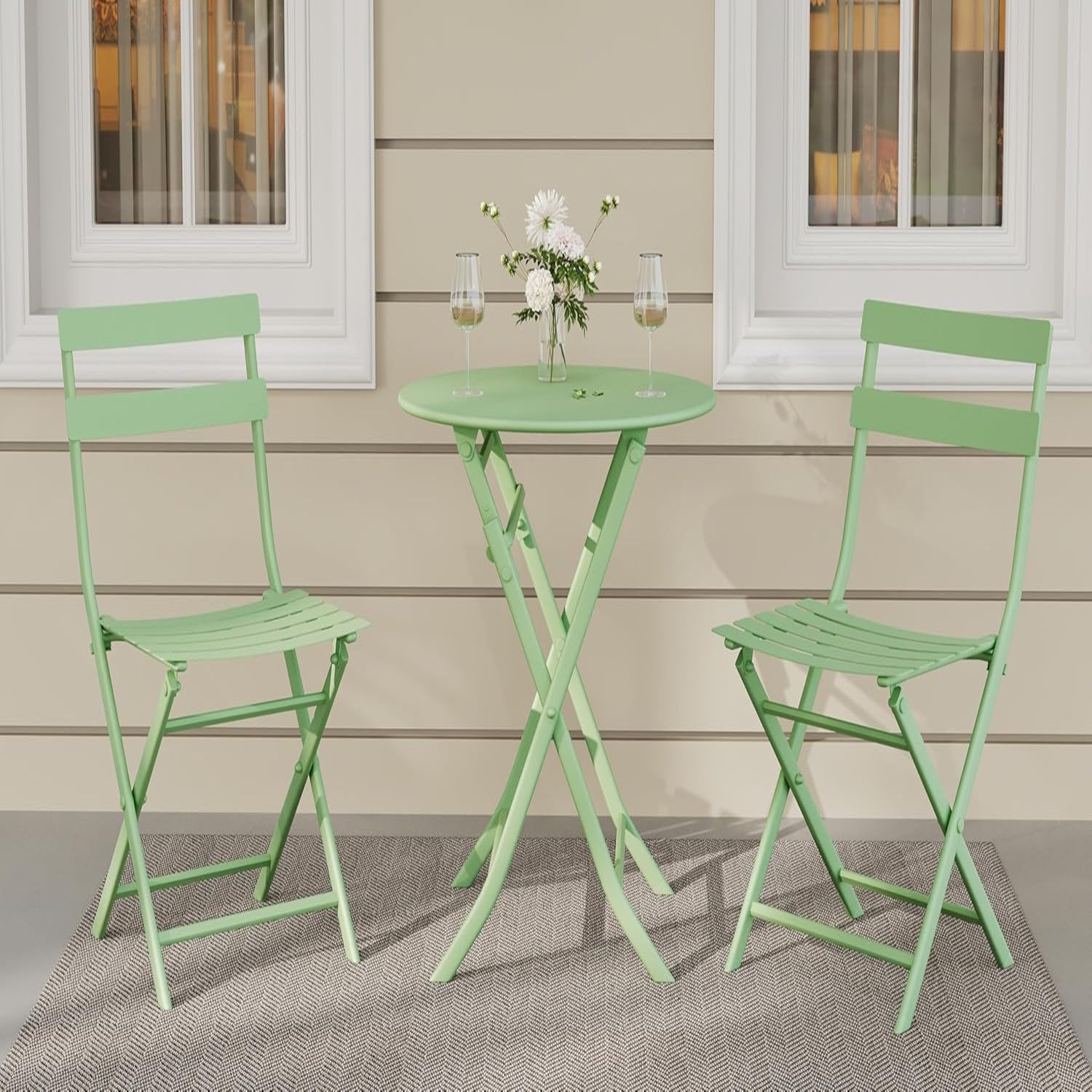 Garvee Outdoor 3 Pieces Patio Bistro Set, Waterproof Folding Coffee Table and Chairs Sets, Green