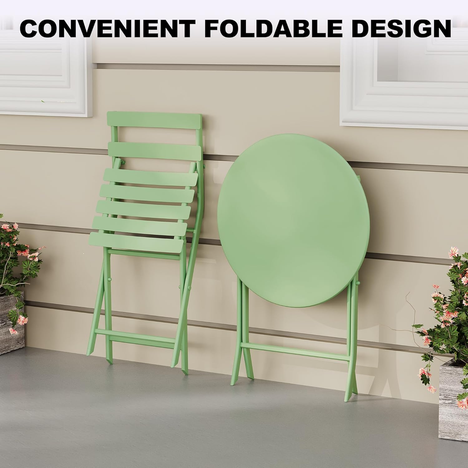 Garvee Outdoor 3 Pieces Patio Bistro Set, Waterproof Folding Coffee Table and Chairs Sets, Green