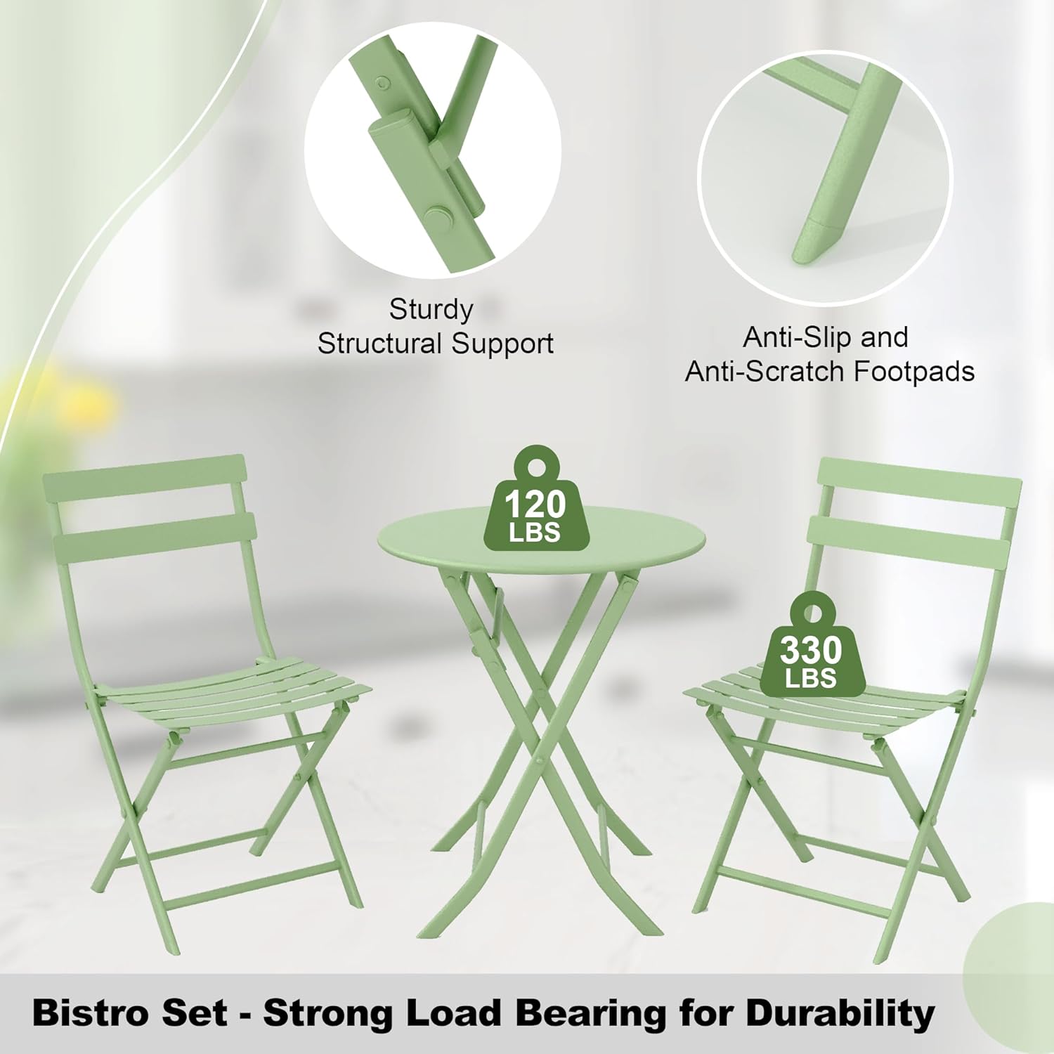Garvee Outdoor 3 Pieces Patio Bistro Set, Waterproof Folding Coffee Table and Chairs Sets, Green