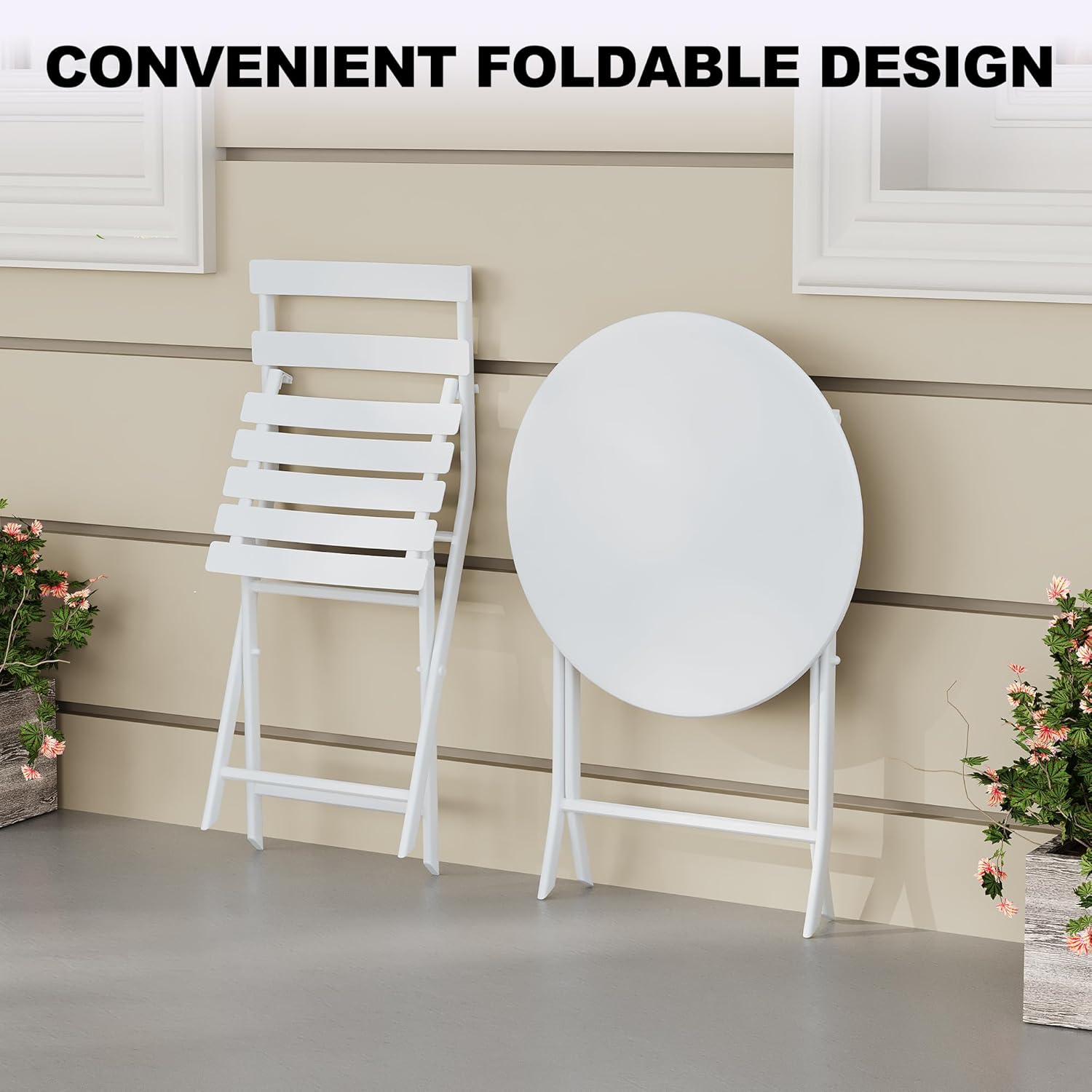 Garvee Outdoor 3 Pieces Patio Bistro Set, Waterproof Folding Coffee Table and Chairs Sets, White