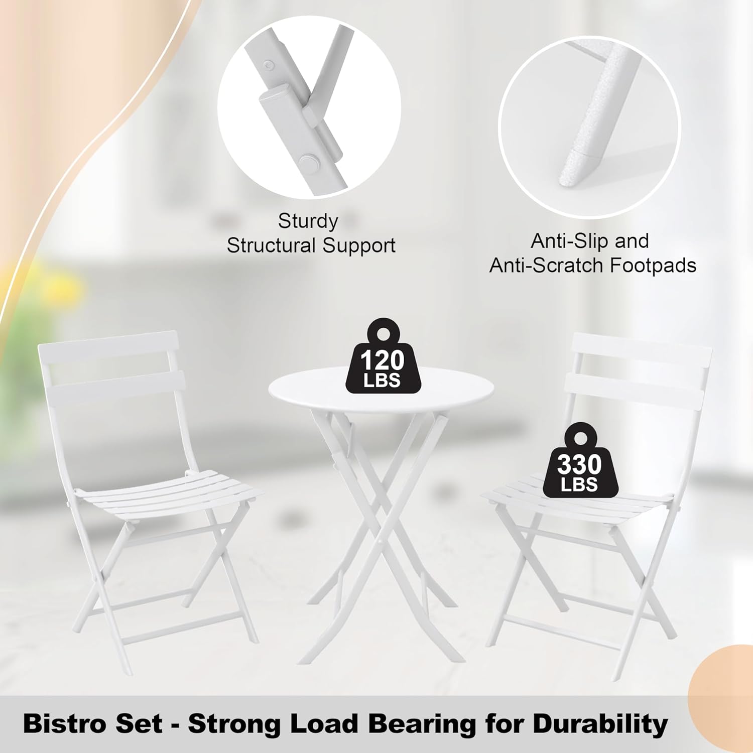 Garvee Outdoor 3 Pieces Patio Bistro Set, Waterproof Folding Coffee Table and Chairs Sets, White