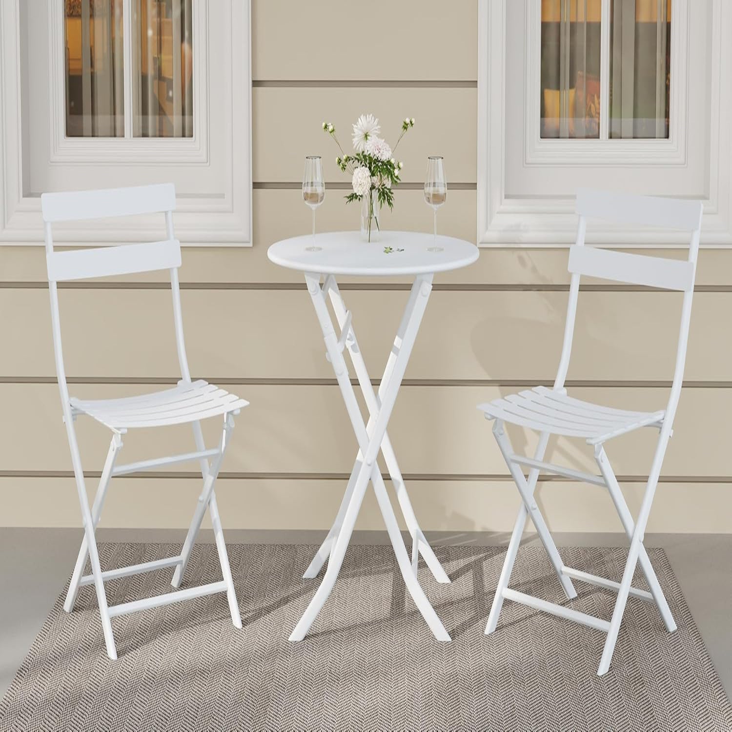 Garvee Outdoor 3 Pieces Patio Bistro Set, Waterproof Folding Coffee Table and Chairs Sets, White