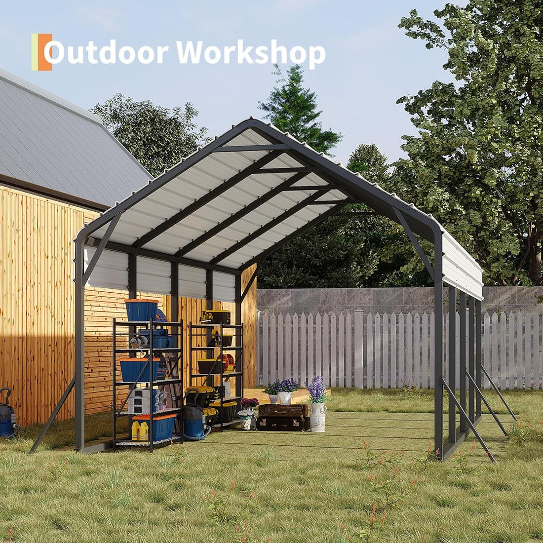 Garvee Oversized Metal Carport 13'x21'x11' Steel Heavy Duty, 600 Lbs Weight, 27 Gauge Sheet Metal Roof, Rust-Resistant Coating, All-Weather Shelter for Trucks & Boats